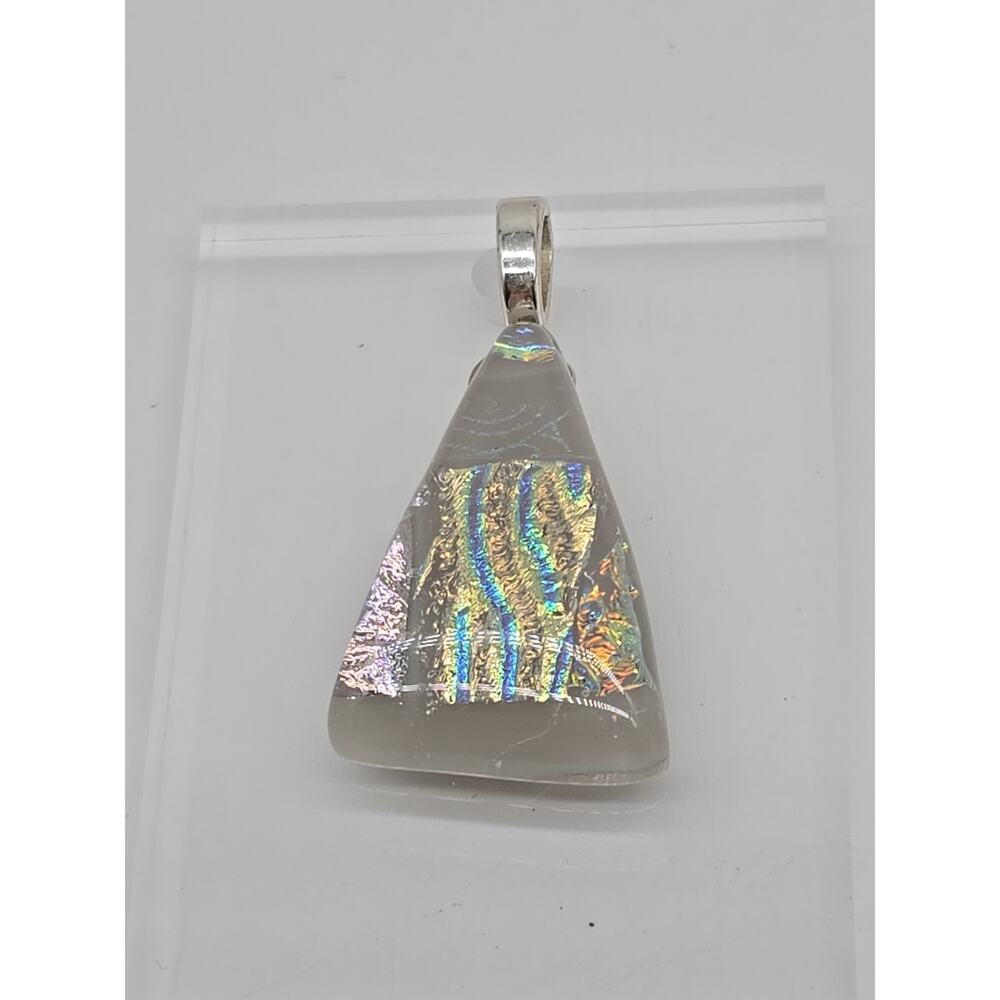 Artisan Created Necklace Pendant Dichroic Glass Iridescent Blue Yellow Pink